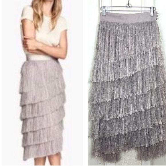 H&M Dresses & Skirts - H&M Fringe Skirt Conscious Collection Gray Below the Knee Tiered Size 4